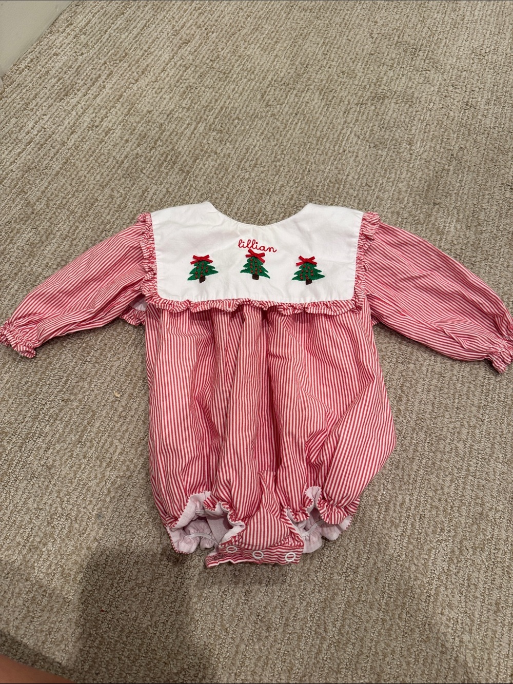 CECIL & LOU CHRISTMAS “Lillian”Striped Holiday Baby Romper with Tree Embroidery